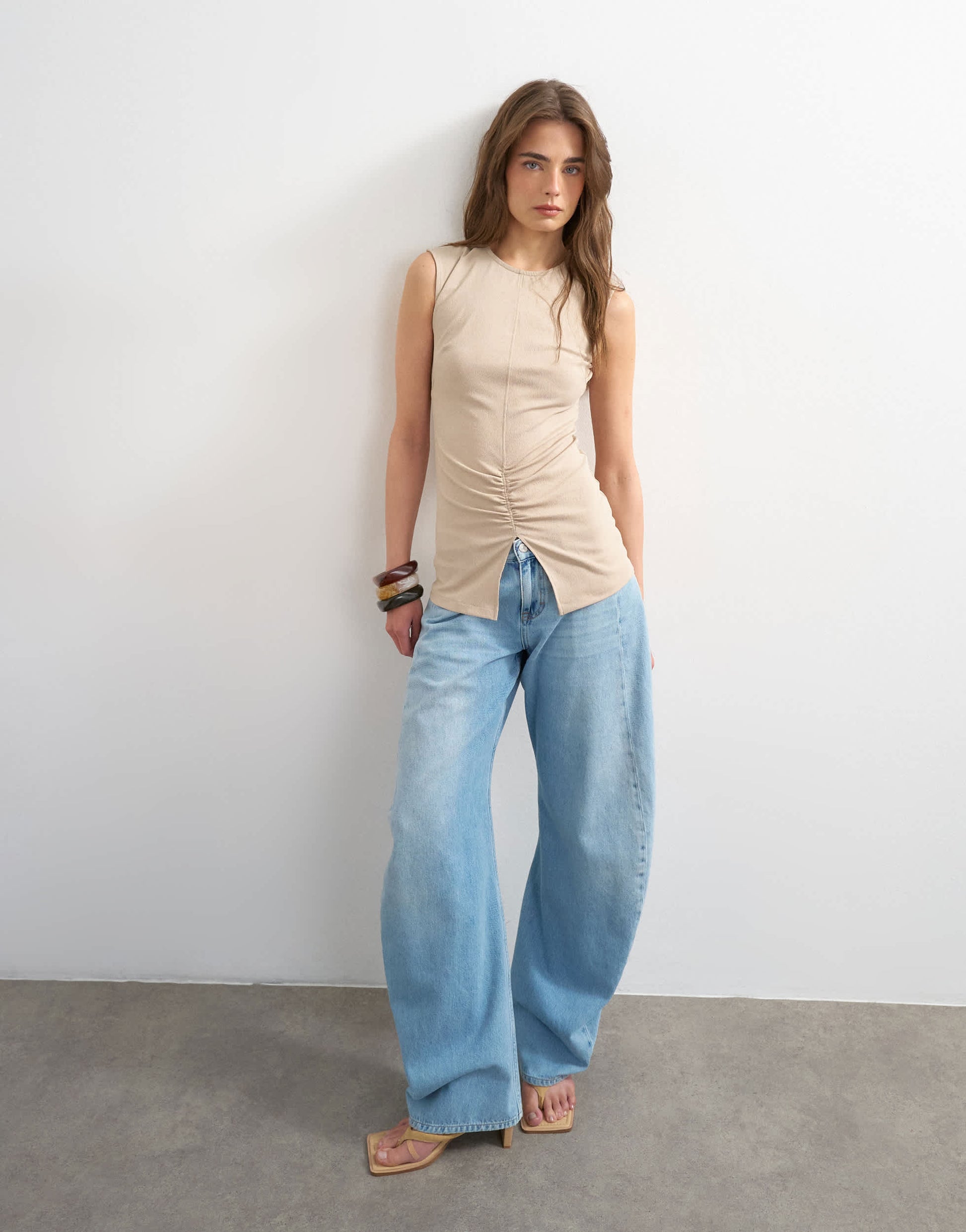 Topshop clean ruched tank in oat