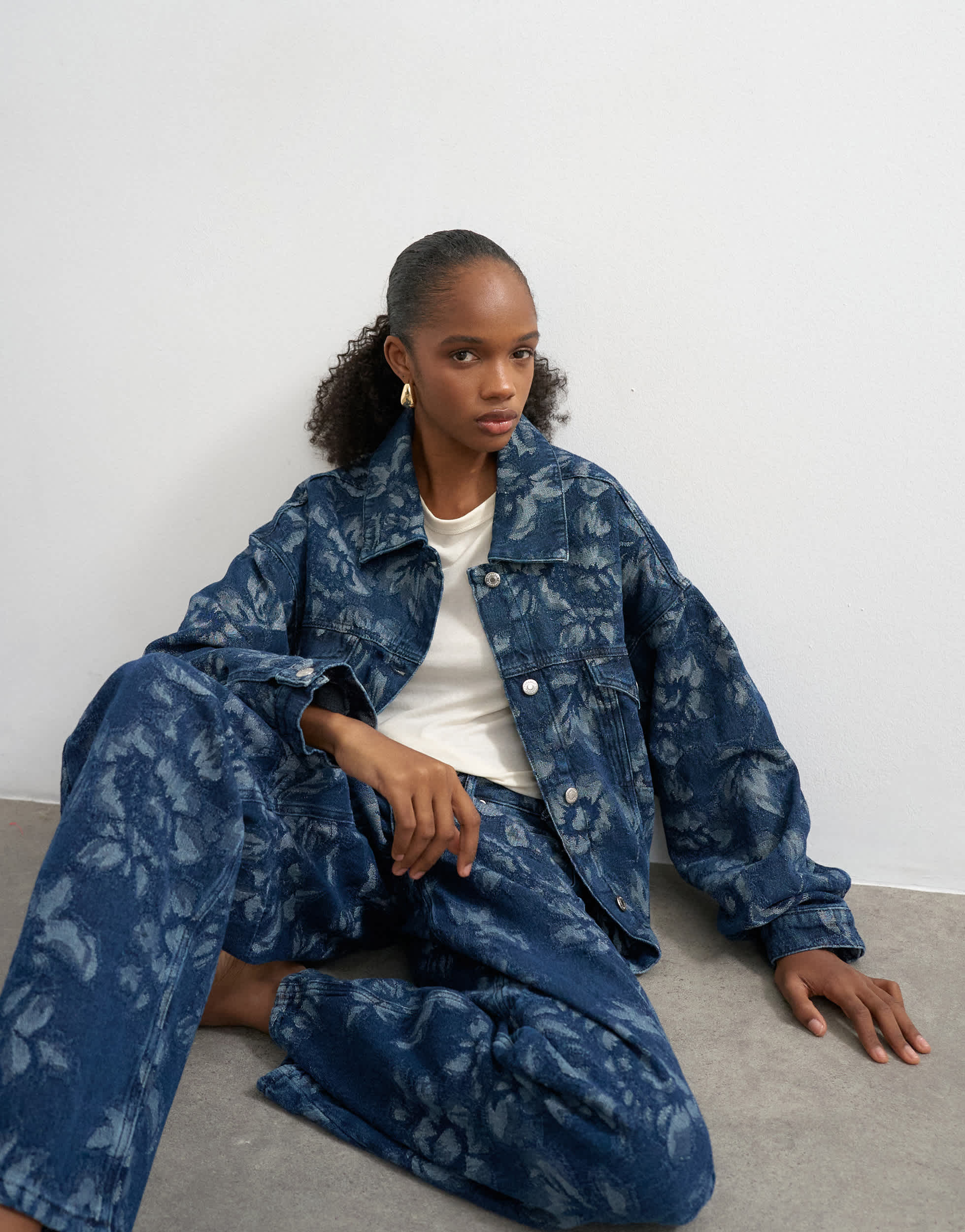 Topshop denim balloon jacket in jacquard floral blue