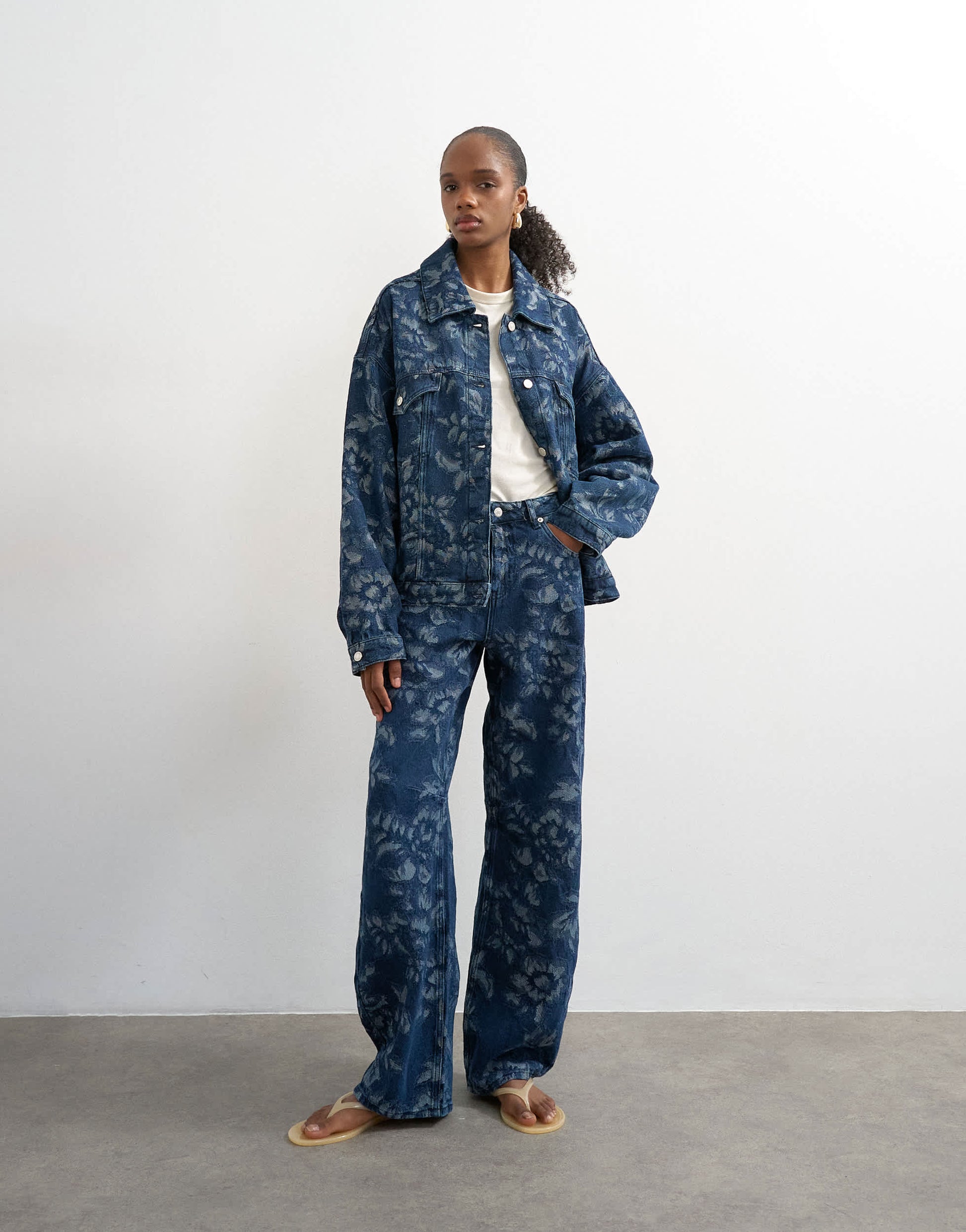 Topshop denim balloon jacket in jacquard floral blue