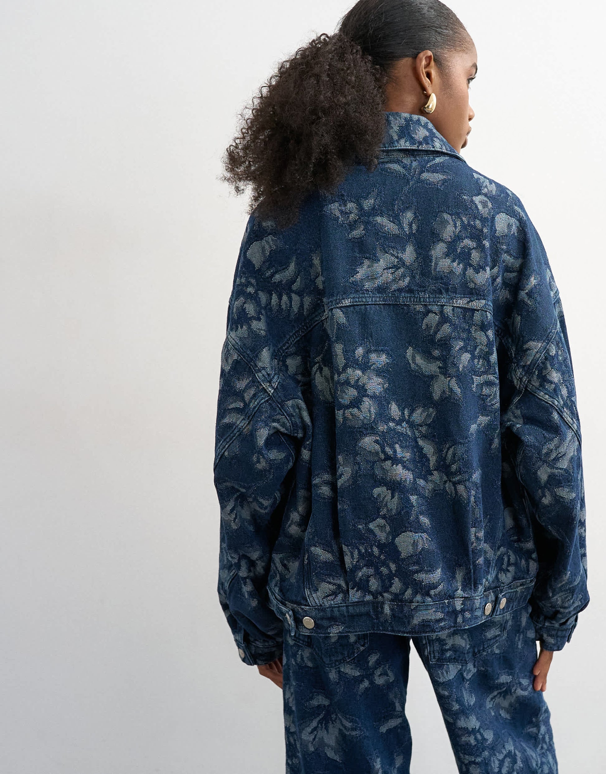 Topshop denim balloon jacket in jacquard floral blue