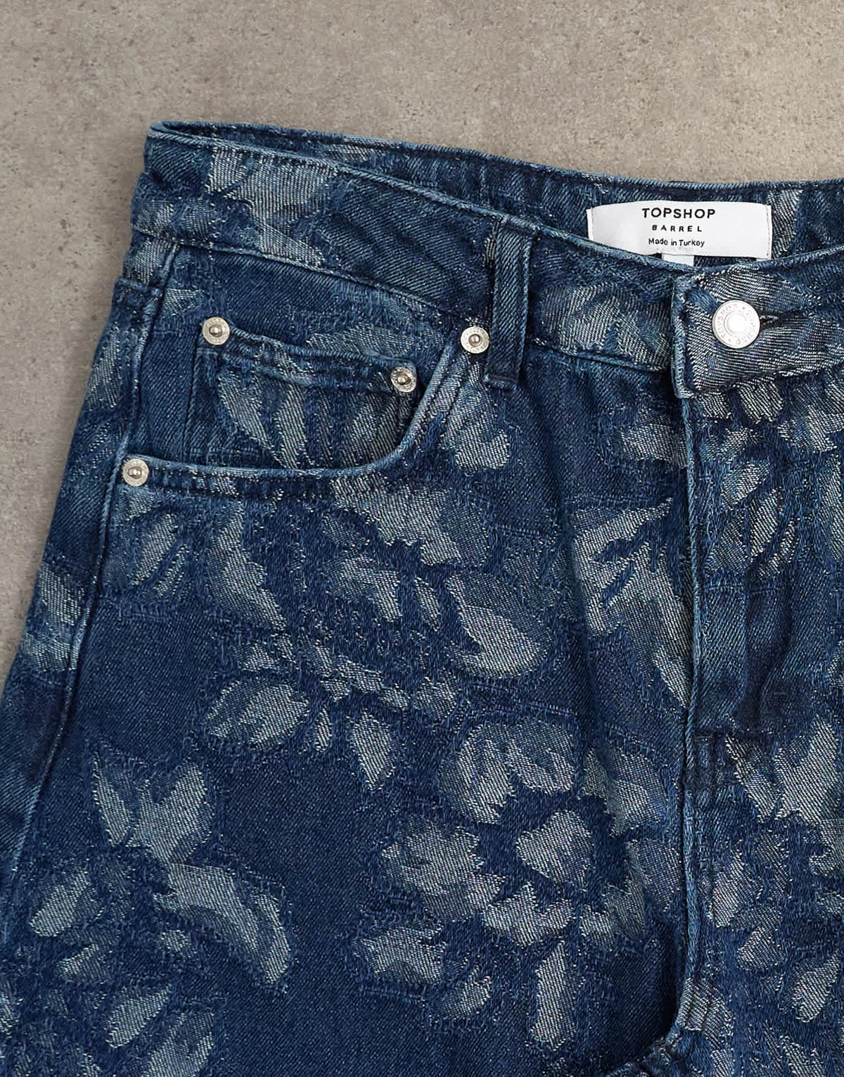Topshop Barrel mid rise jean in jacquard floral