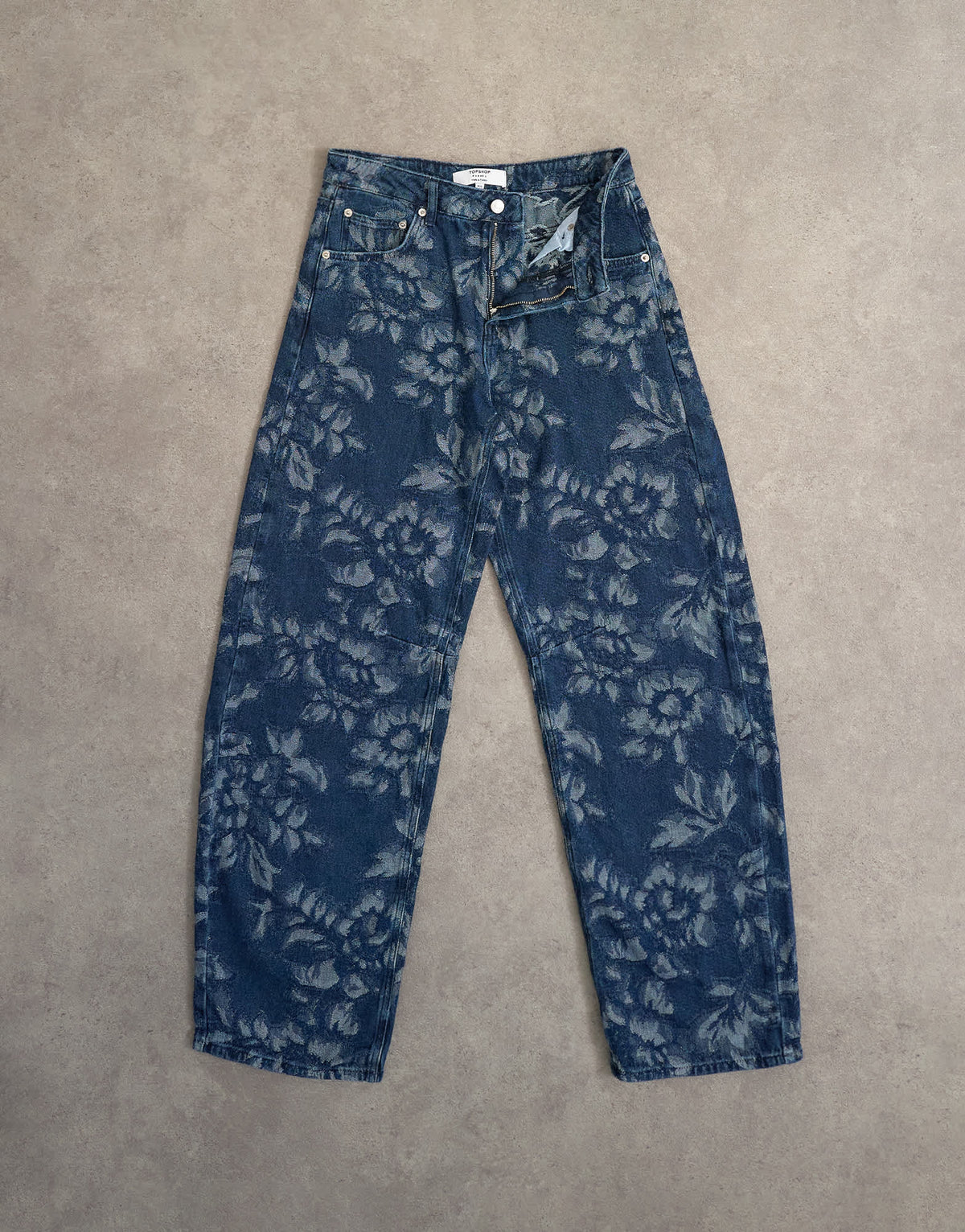 Topshop Barrel mid rise jean in jacquard floral