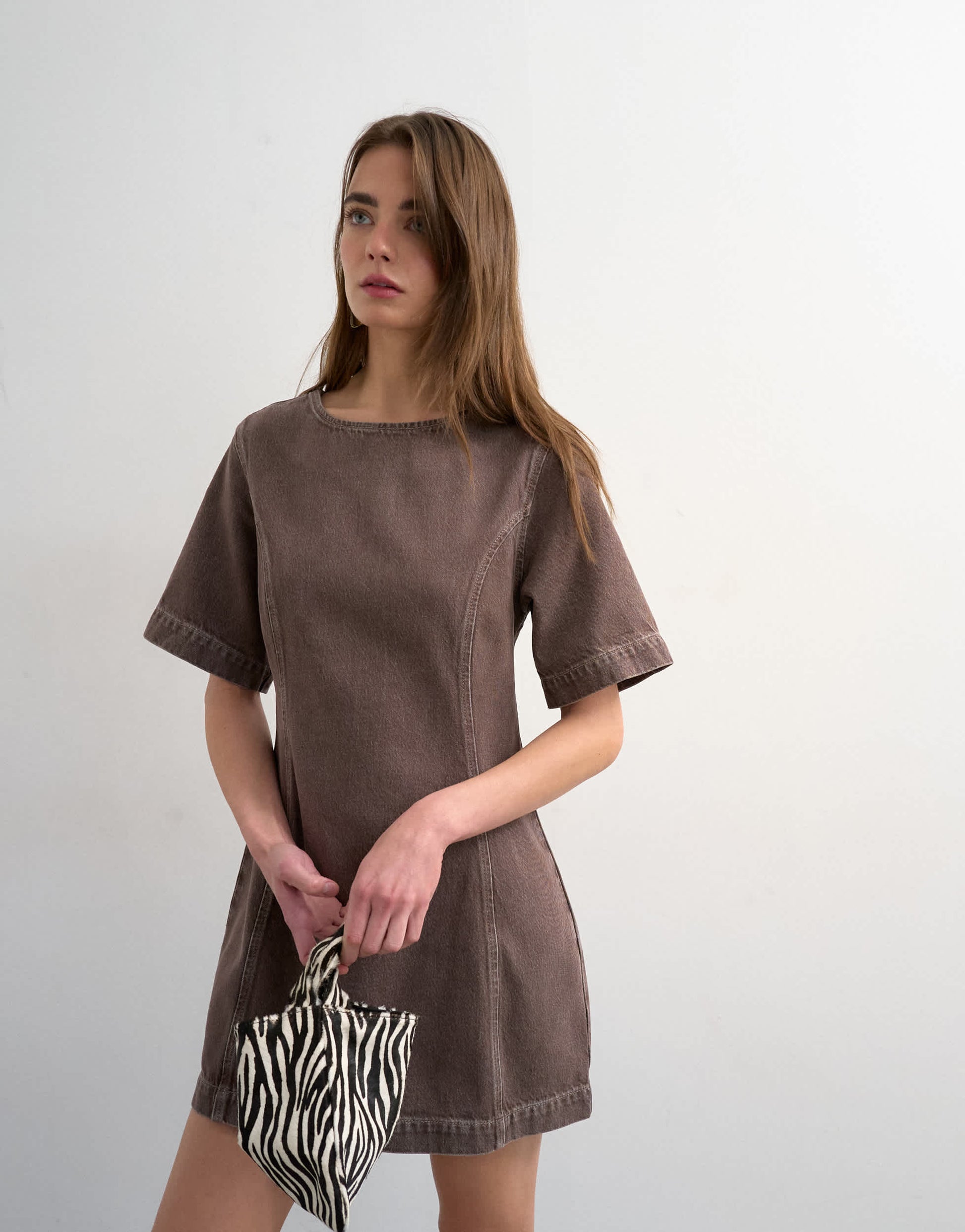 Topshop boat neck structured sleeve mini dress choc