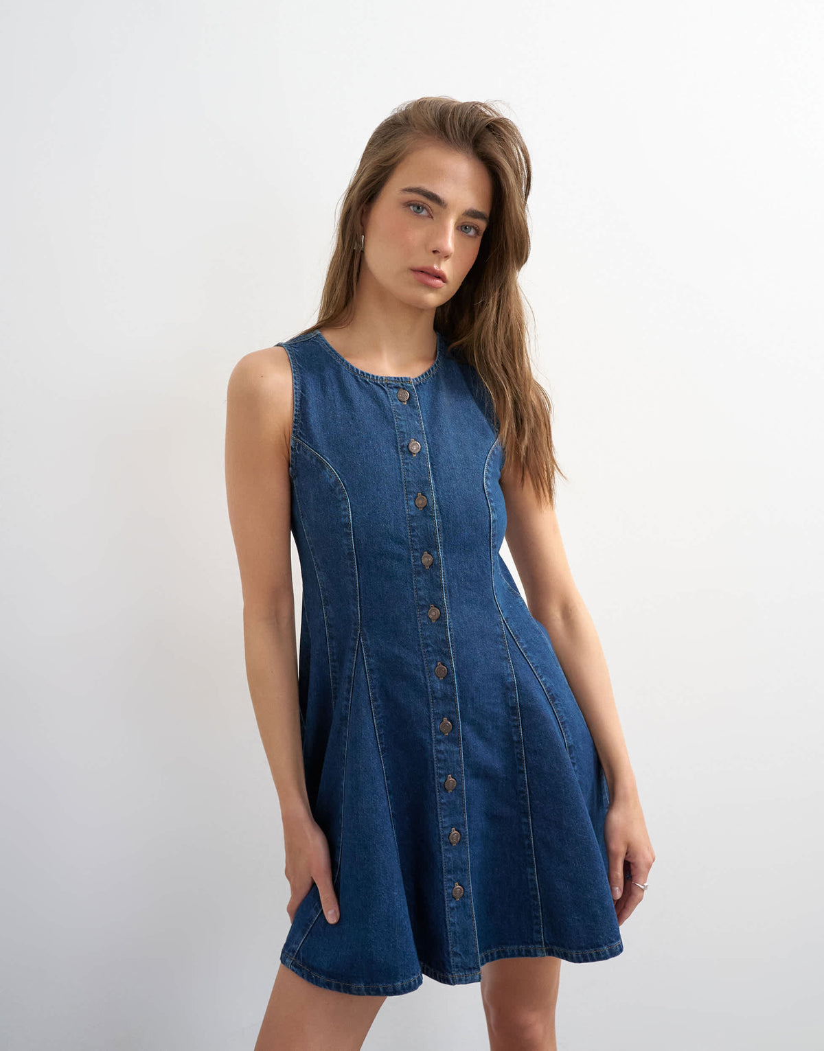 Topshop denim godet seam mini dress in rich blue