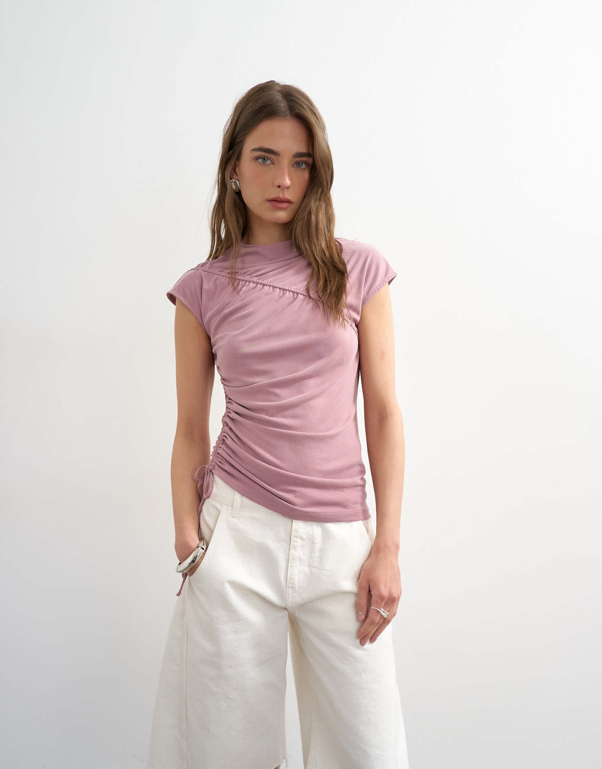 Topshop ruched detail cupro top in mauve
