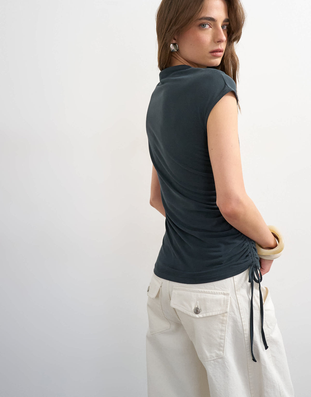 Topshop ruched detail cupro top in washed black