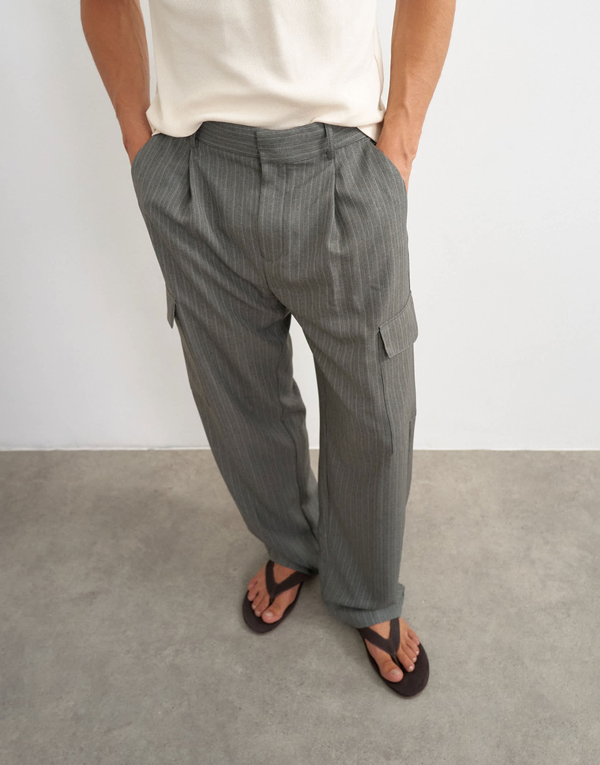 Topman wide leg stripe cargo trouser in charcoal