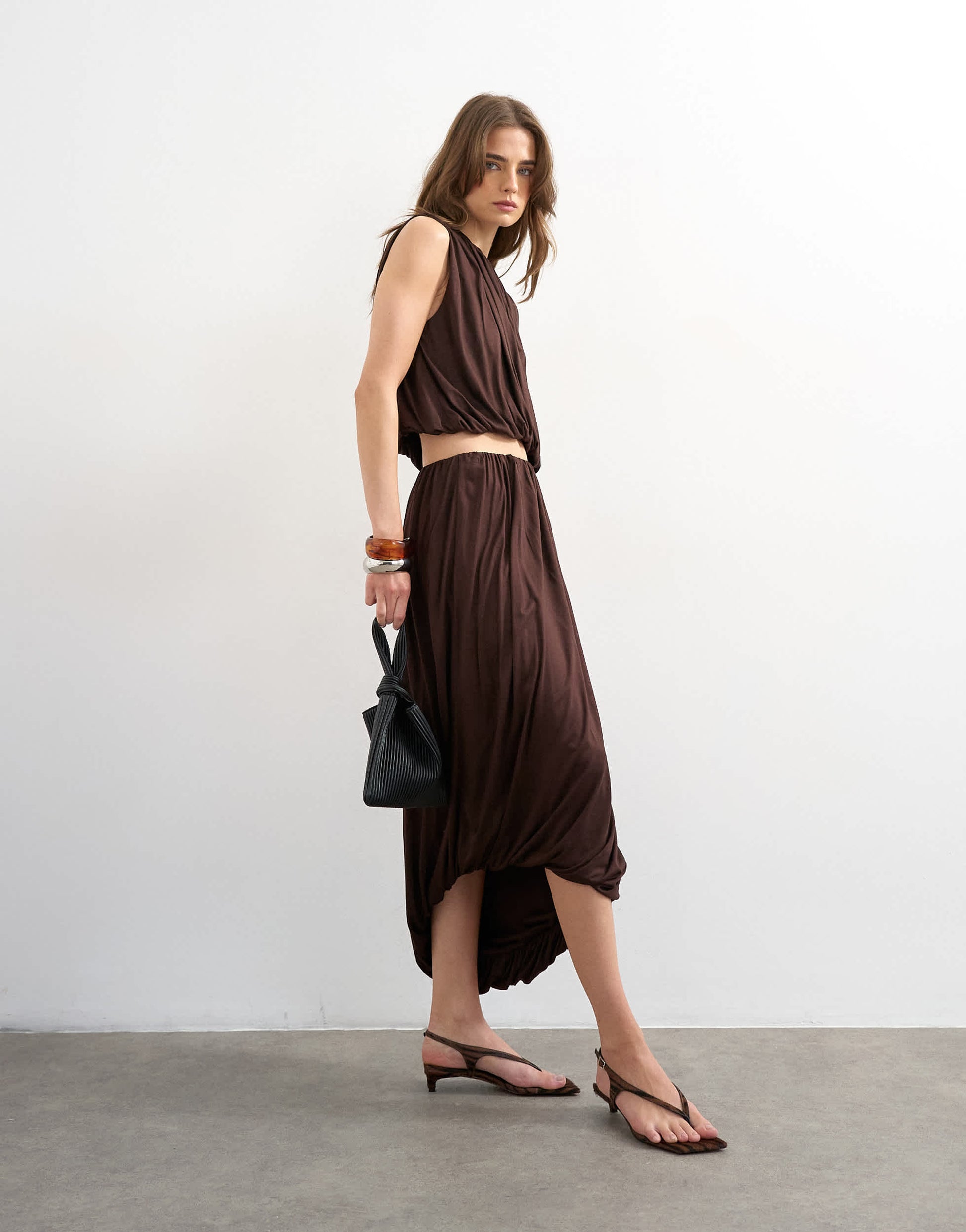 Topshop bubble drape top in chocolate
