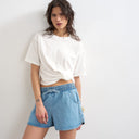 Topshop kastiges T-Shirt mit Bundfalten in Elfenbein