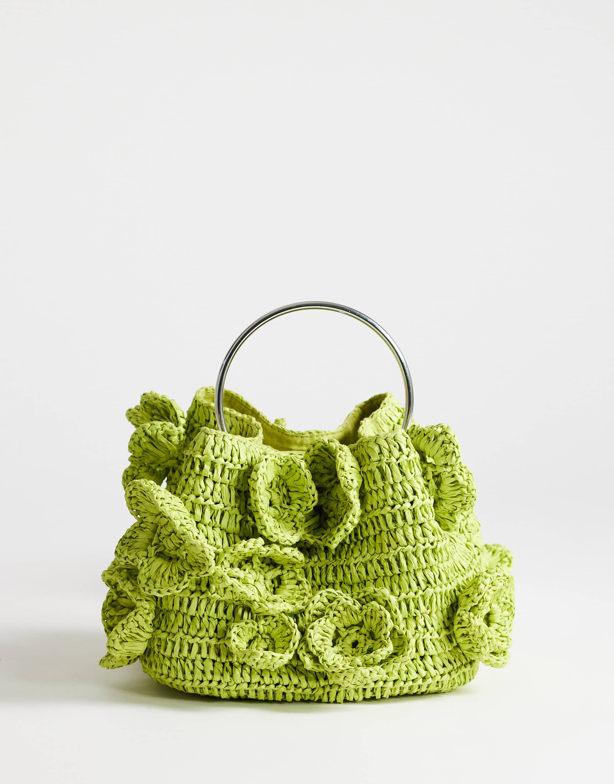 Topshop Millie small straw flower grab bag with metal handle in lime