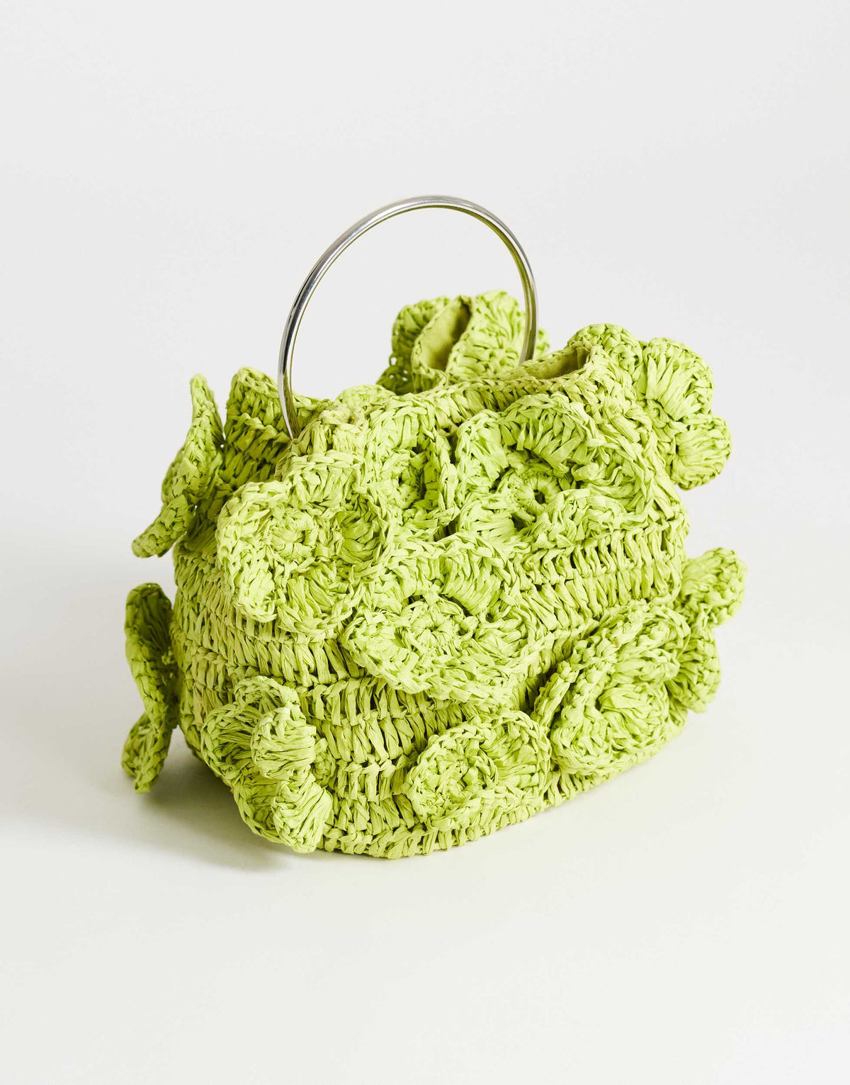 Topshop Millie small straw flower grab bag with metal handle in lime