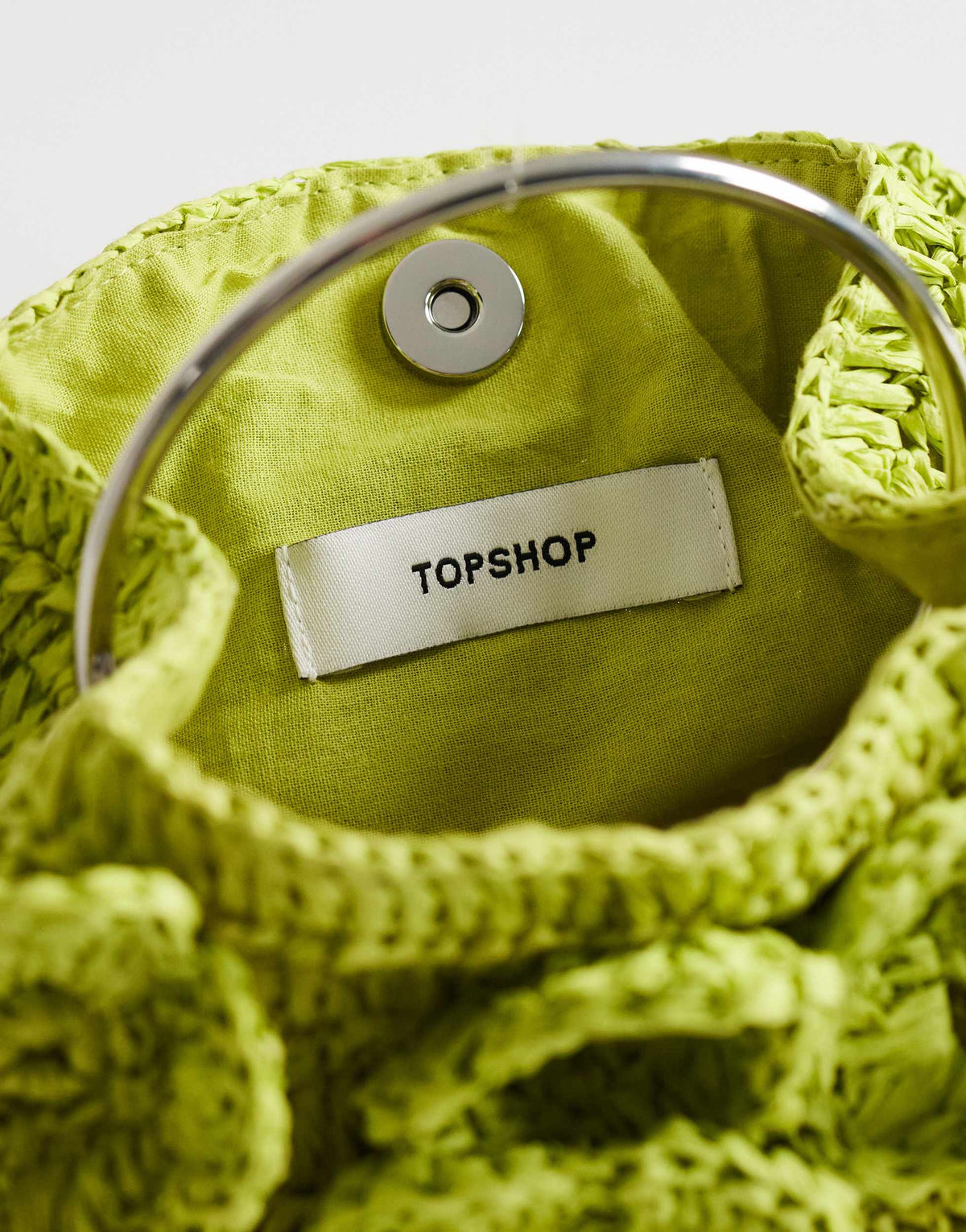 Topshop Millie small straw flower grab bag with metal handle in lime