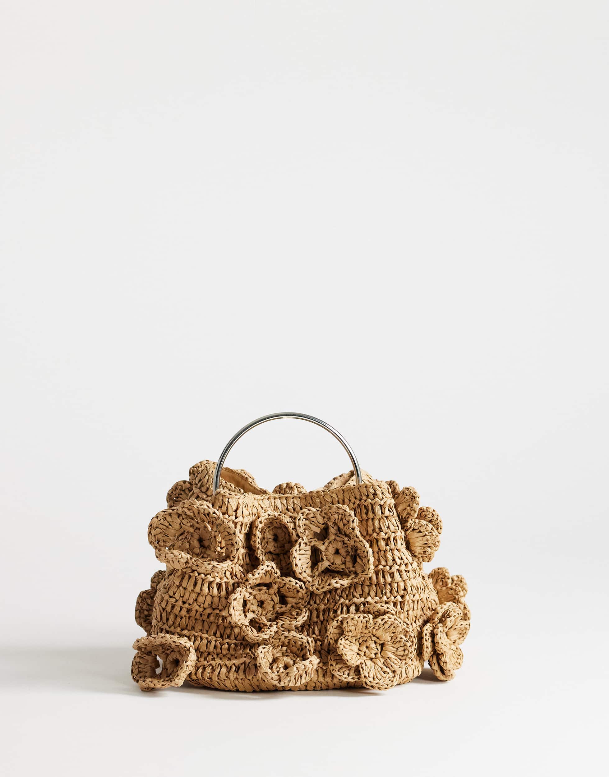 Topshop Millie small straw flower grab bag with metal handle in natural