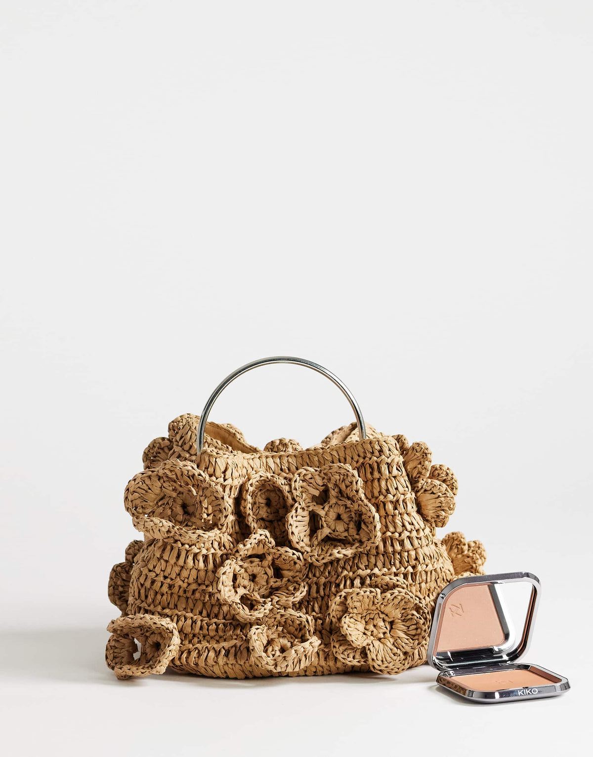 Topshop Millie small straw flower grab bag with metal handle in natural
