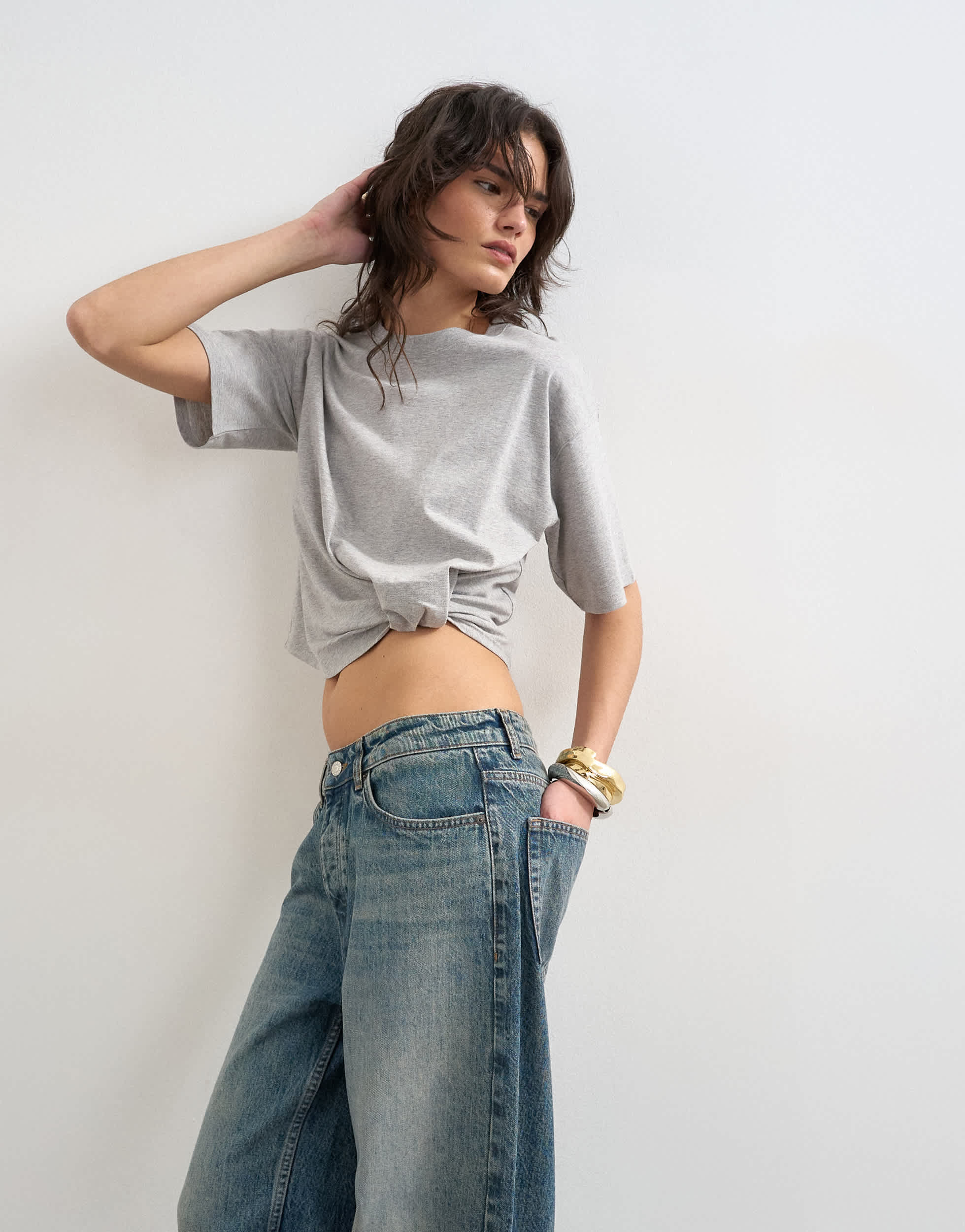 Topshop Boxy-T-Shirt mit gestepptem Saum in Grau