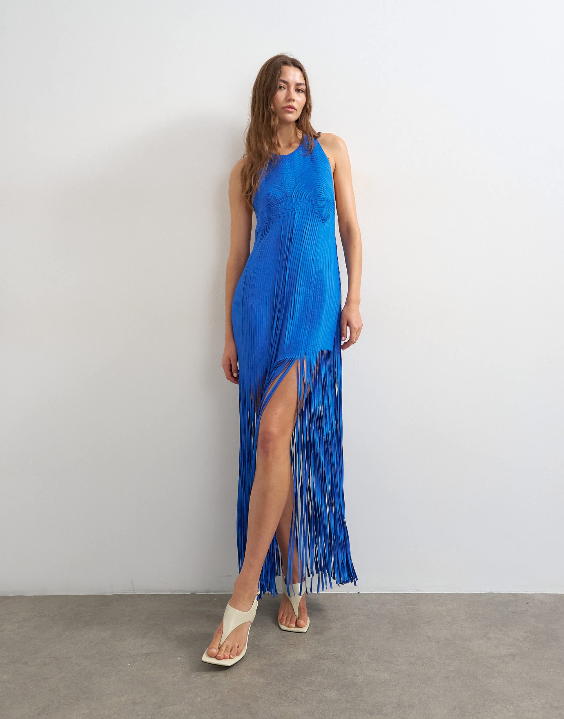 Topshop premium viscose satin handstitched applique bodice fringed maxi dress in cobalt blue