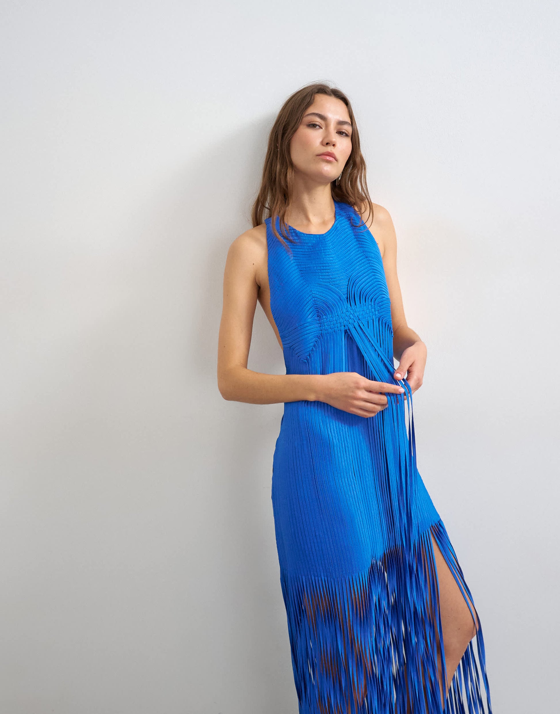 Topshop premium viscose satin handstitched applique bodice fringed maxi dress in cobalt blue