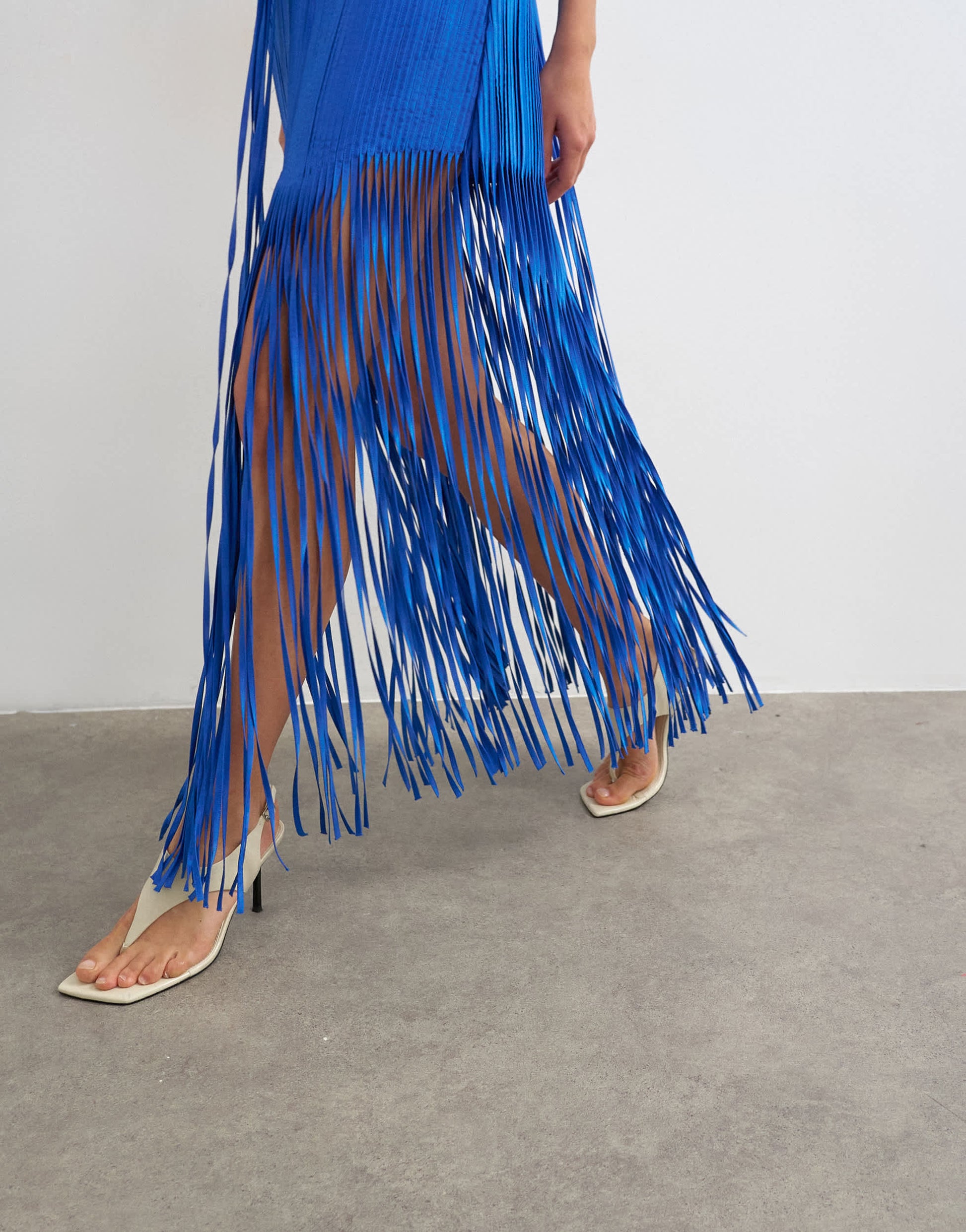 Topshop premium viscose satin handstitched applique bodice fringed maxi dress in cobalt blue