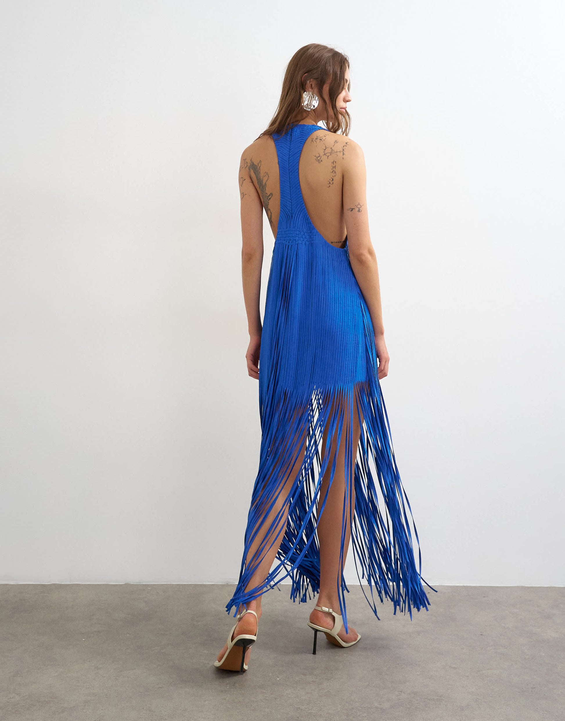 Topshop premium viscose satin handstitched applique bodice fringed maxi dress in cobalt blue