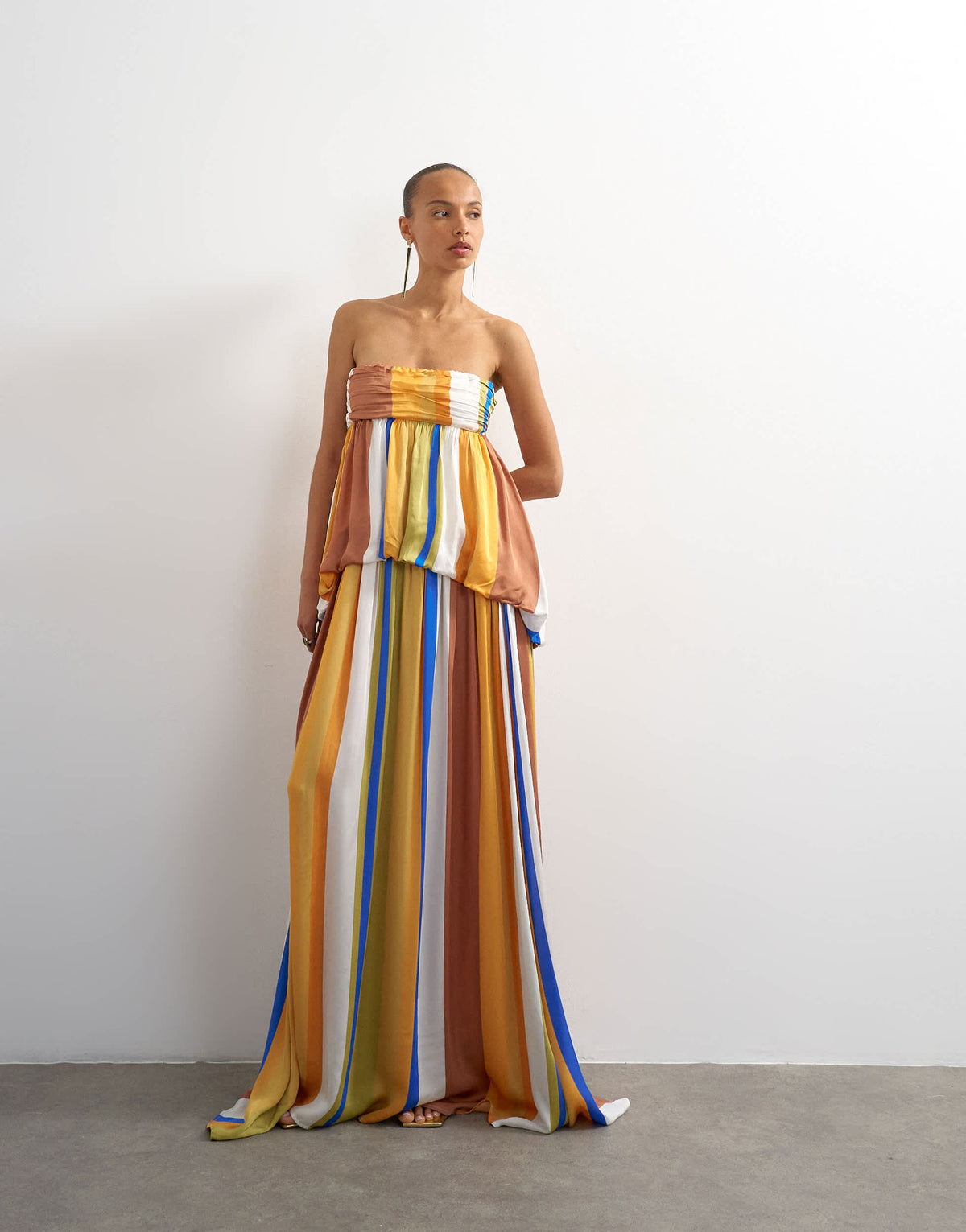 Topshop premium satin dropped waist bandeau maxi dress in stripe