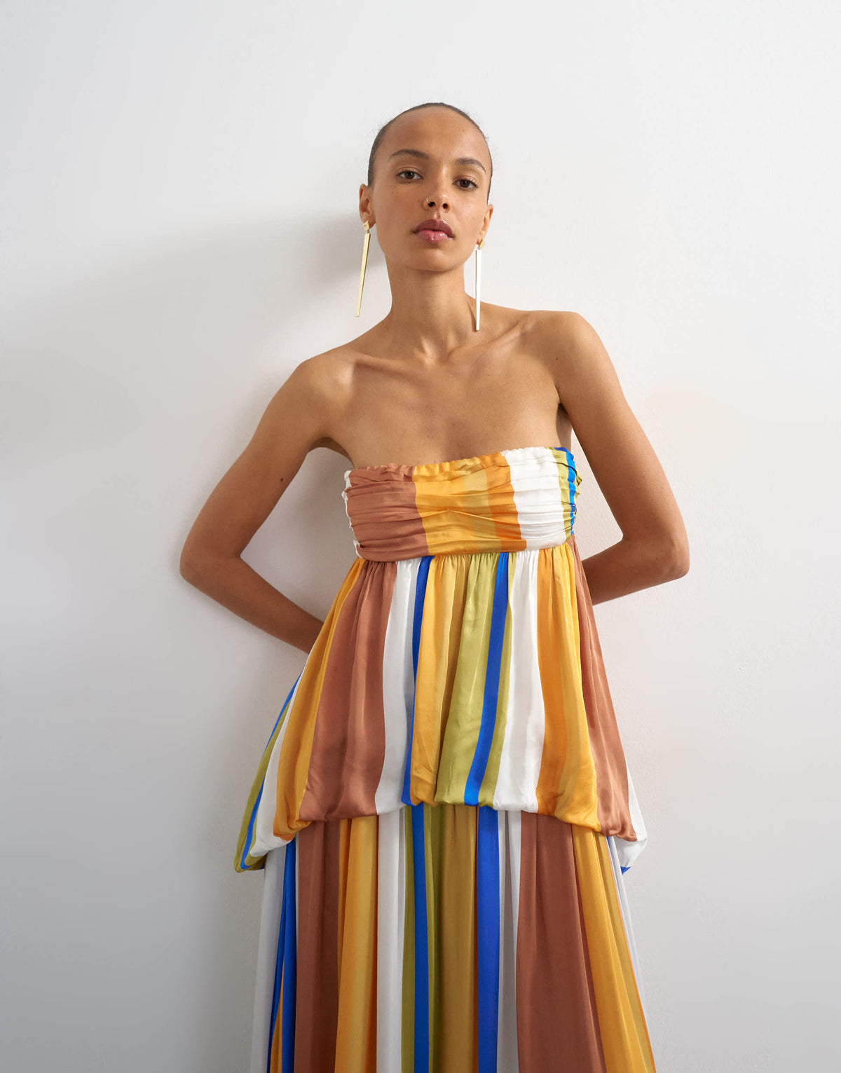 Topshop premium satin dropped waist bandeau maxi dress in stripe