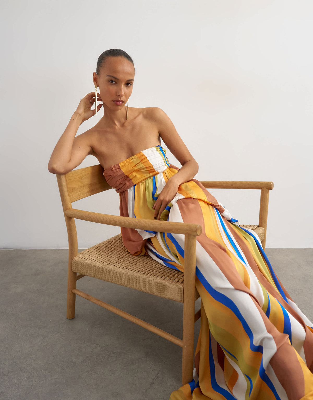 Topshop premium satin dropped waist bandeau maxi dress in stripe