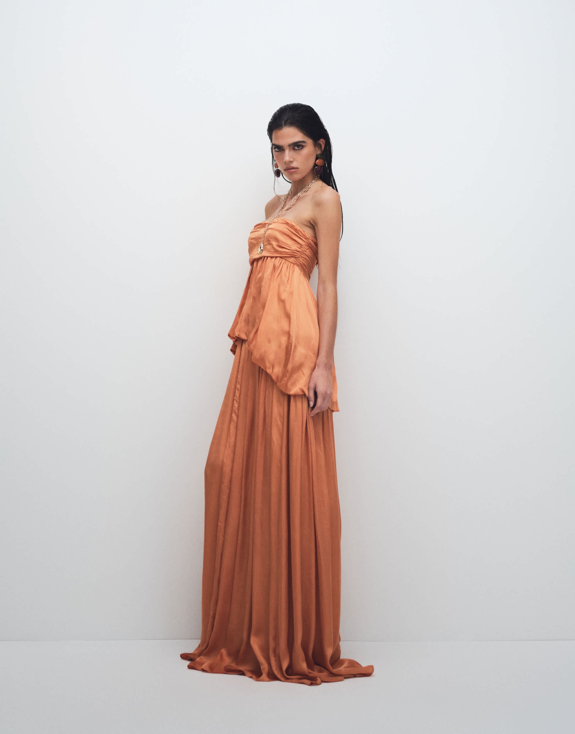 Topshop premium satin dropped waist bandeau maxi dress in orange