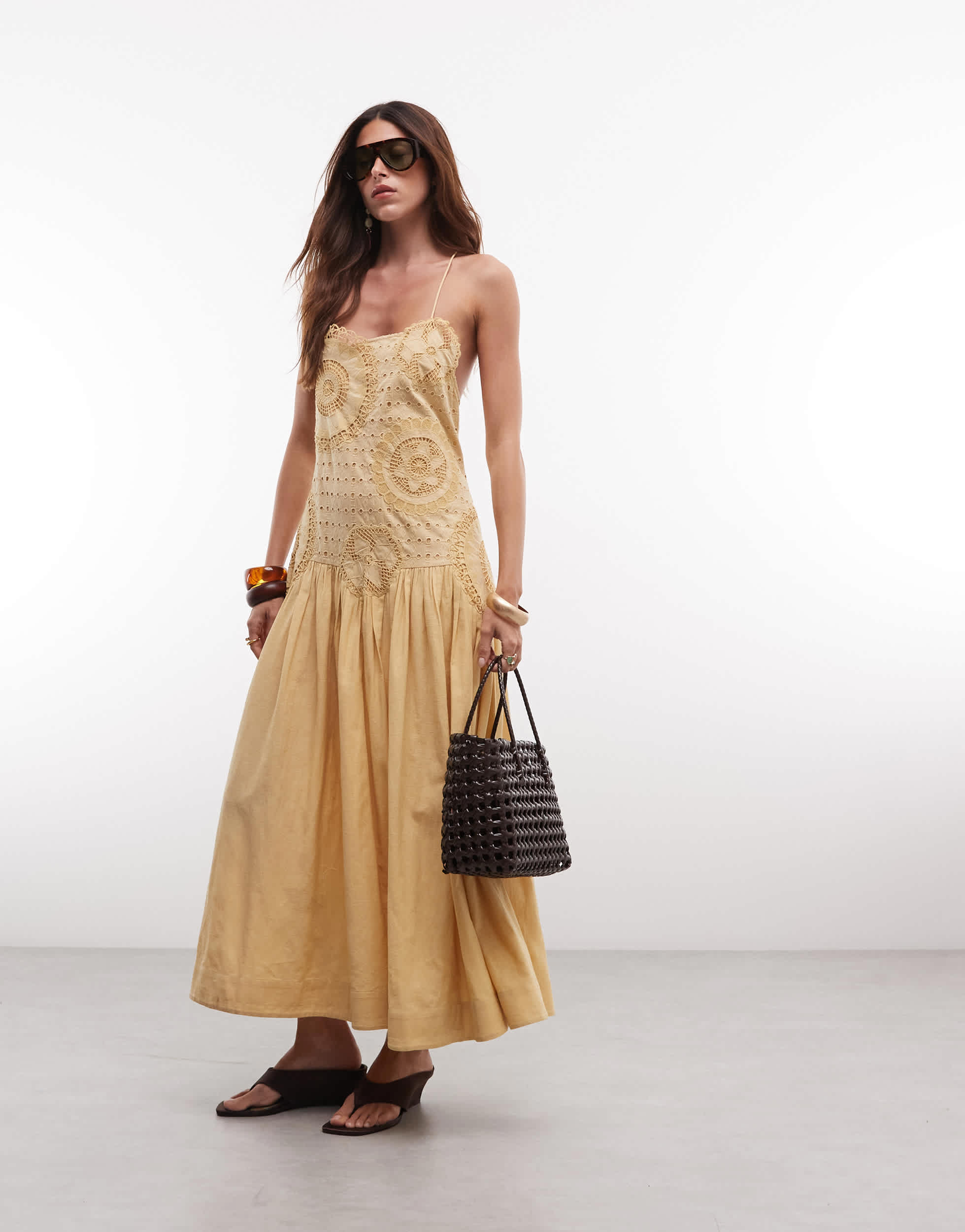 Topshop premium embroidered dropped waist maxi sundress in ochre
