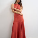 Topshop linen rich dropped waist full circle hem midi dress in burgundy