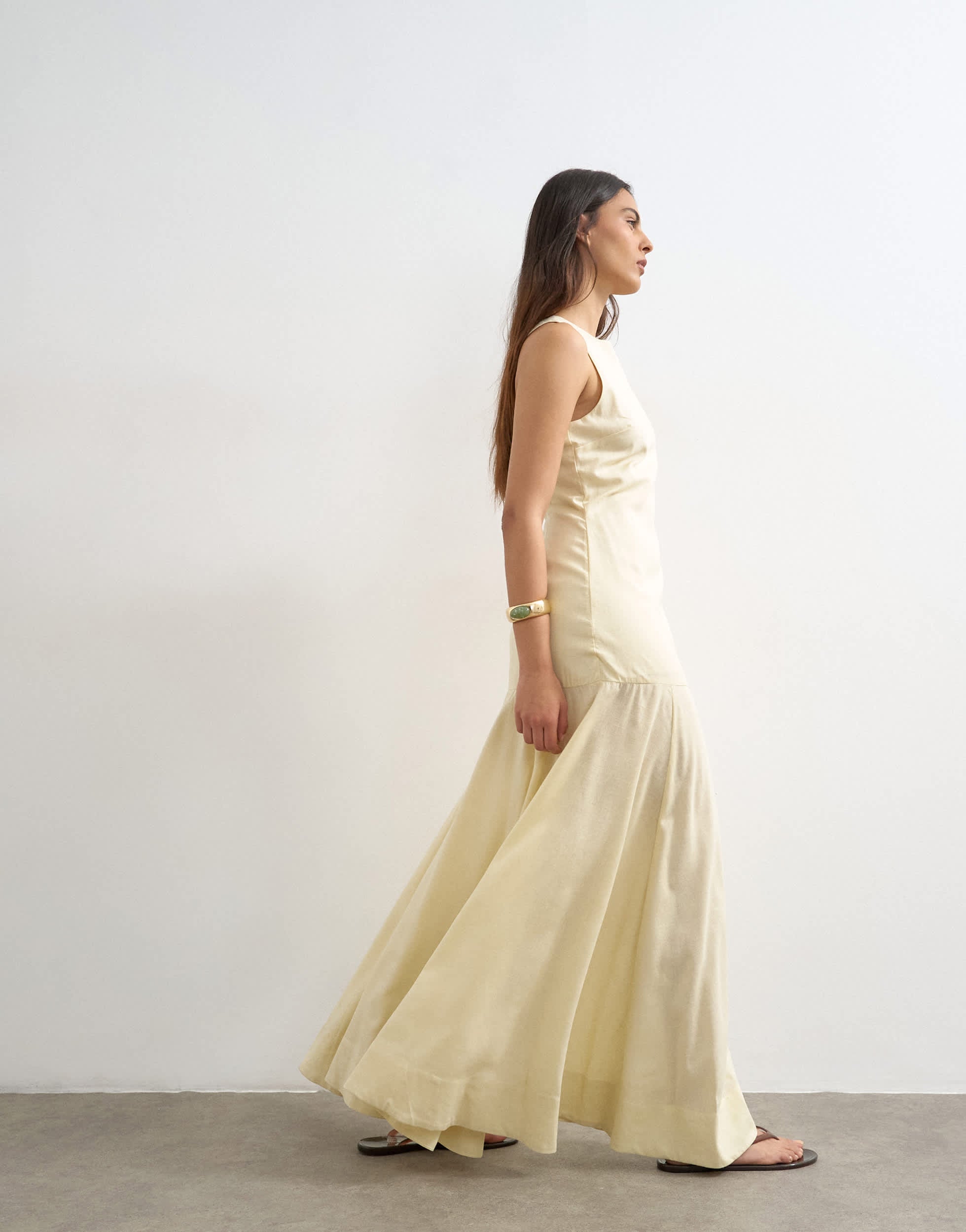 Topshop linen rich dropped waist full circle hem midi dress in buttermilk