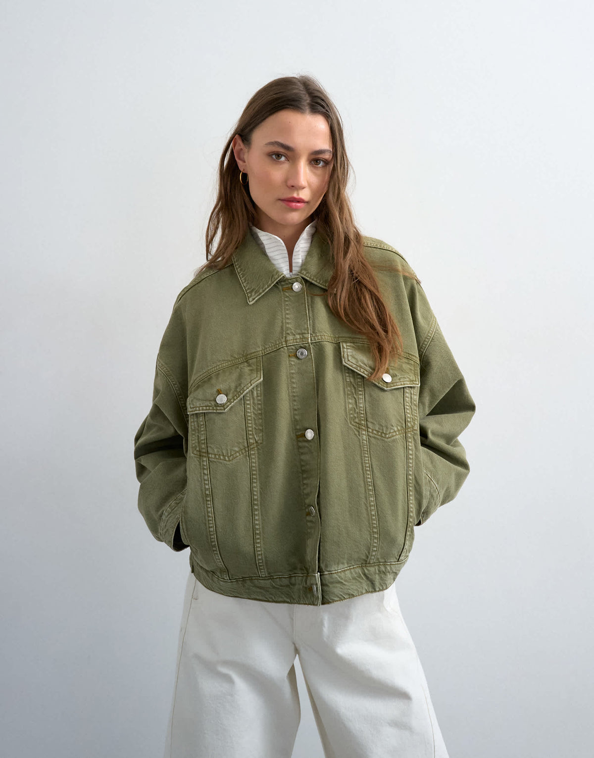 Topshop denim balloon jacket in olive green