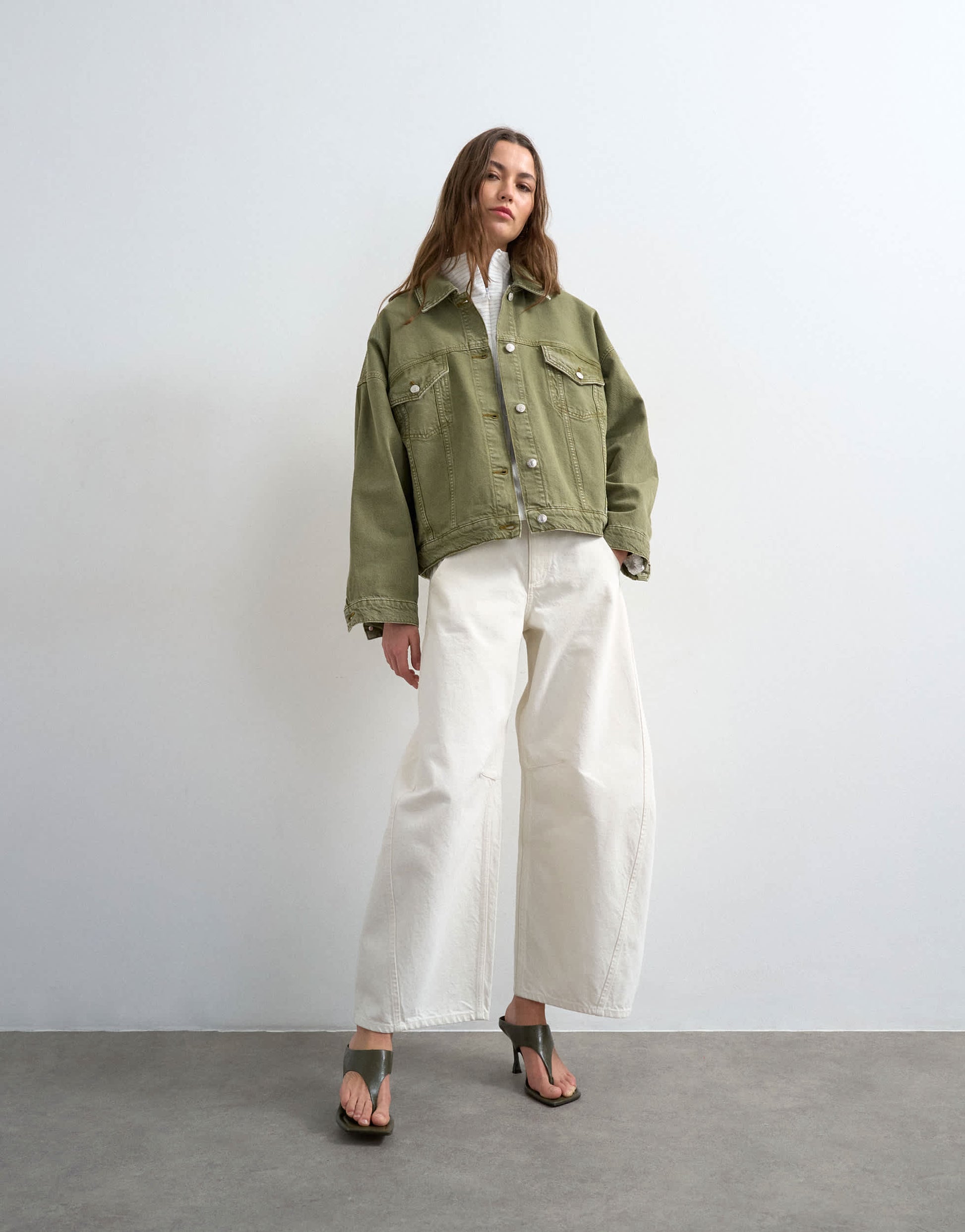 Topshop denim balloon jacket in olive green