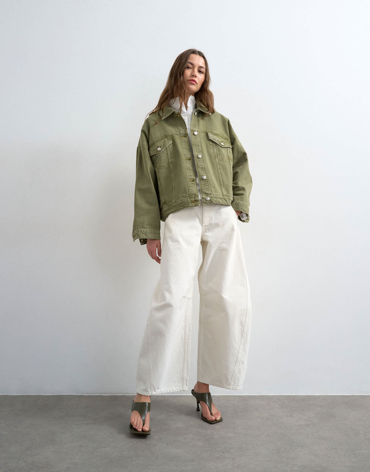 Topshop denim balloon jacket in olive green