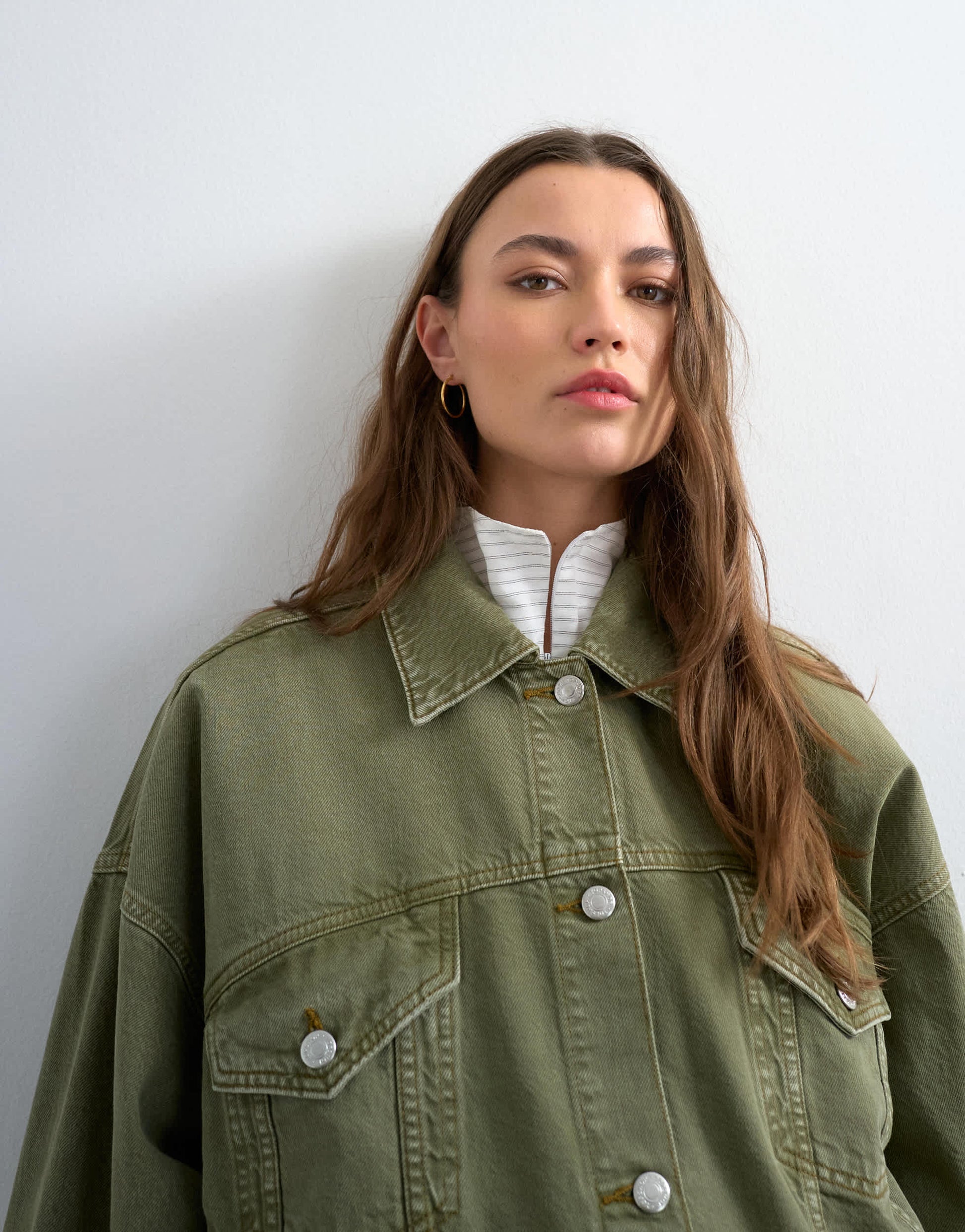 Topshop denim balloon jacket in olive green