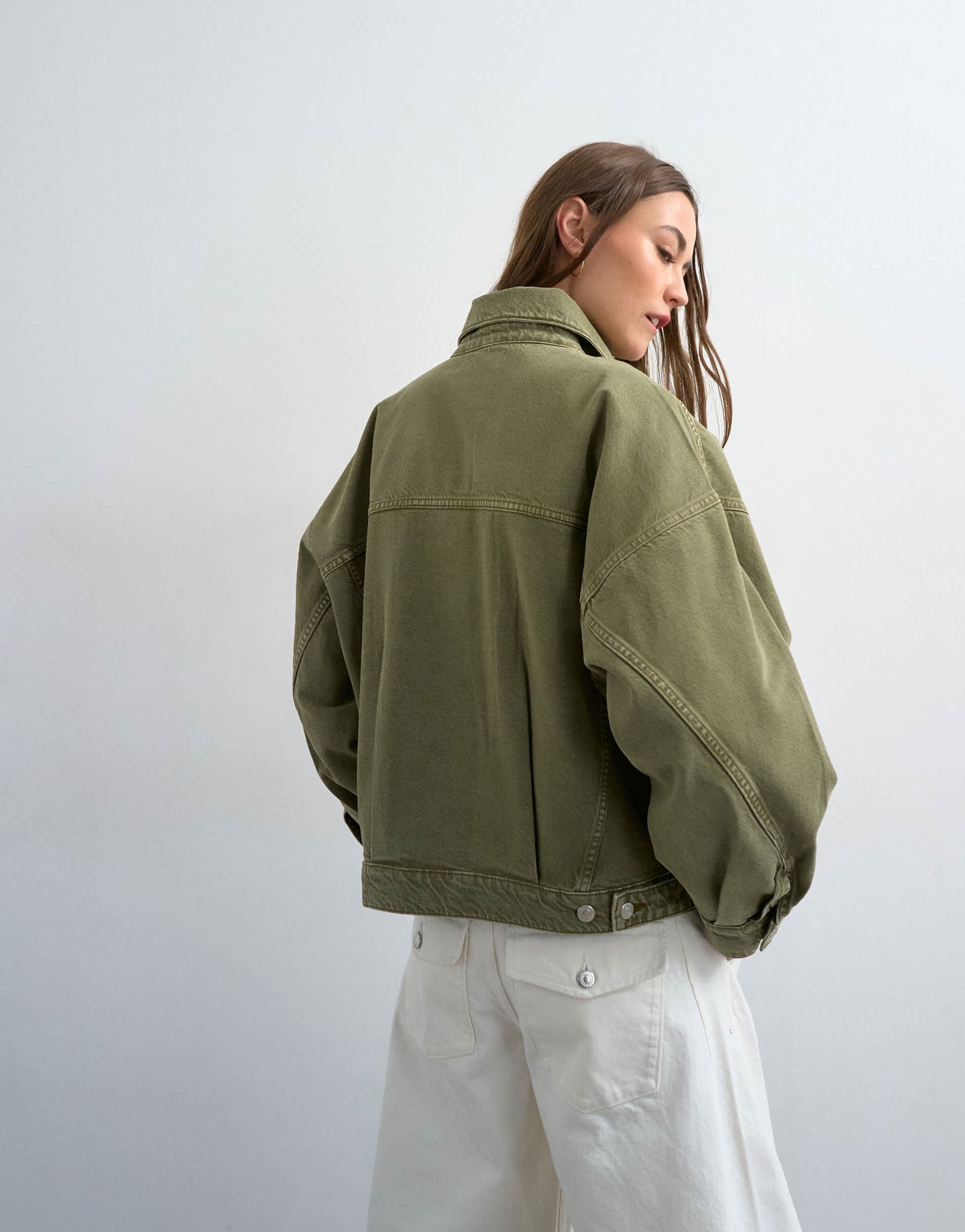 Topshop denim balloon jacket in olive green