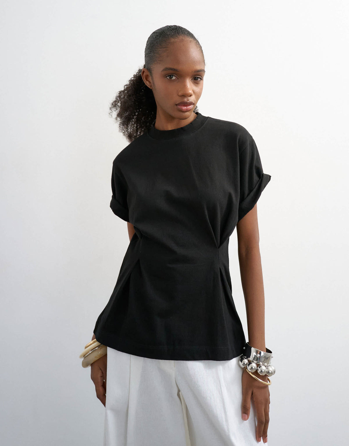 Topshop roll sleeve cinch tee in black