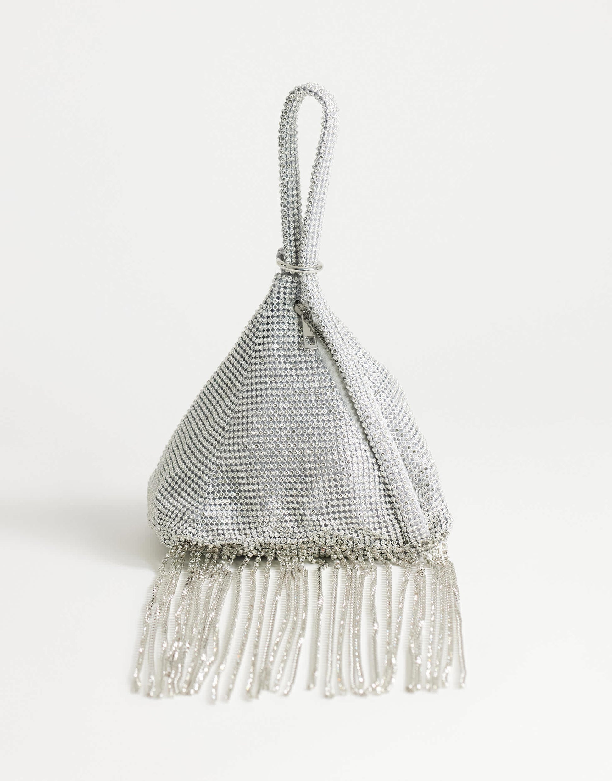 Topshop Matty small diamante triangle grab bag with tassels in silver