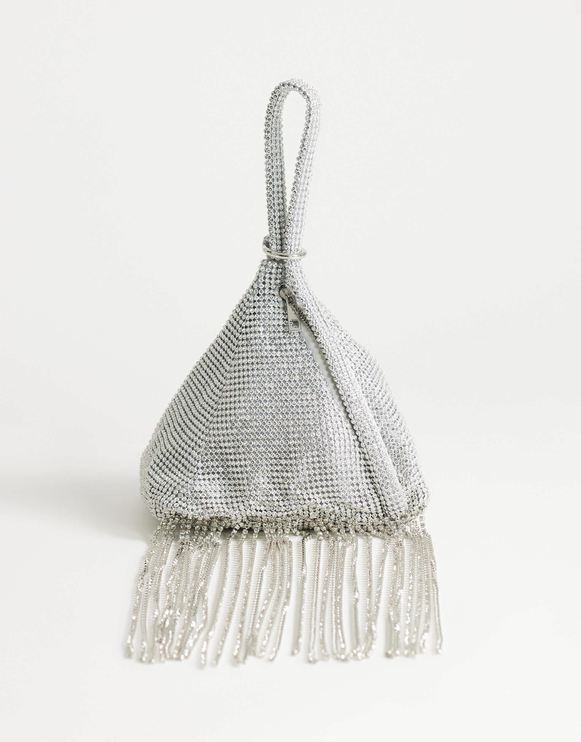 Topshop Matty small diamante triangle grab bag with tassels in silver