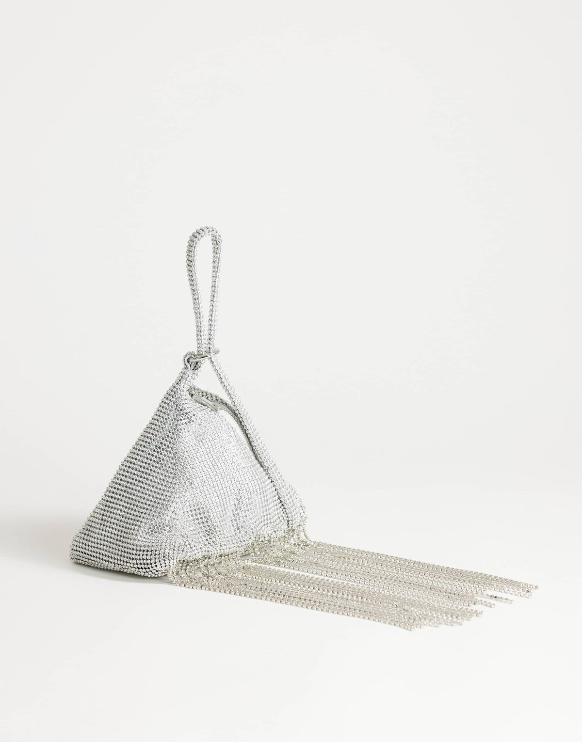 Topshop Matty small diamante triangle grab bag with tassels in silver
