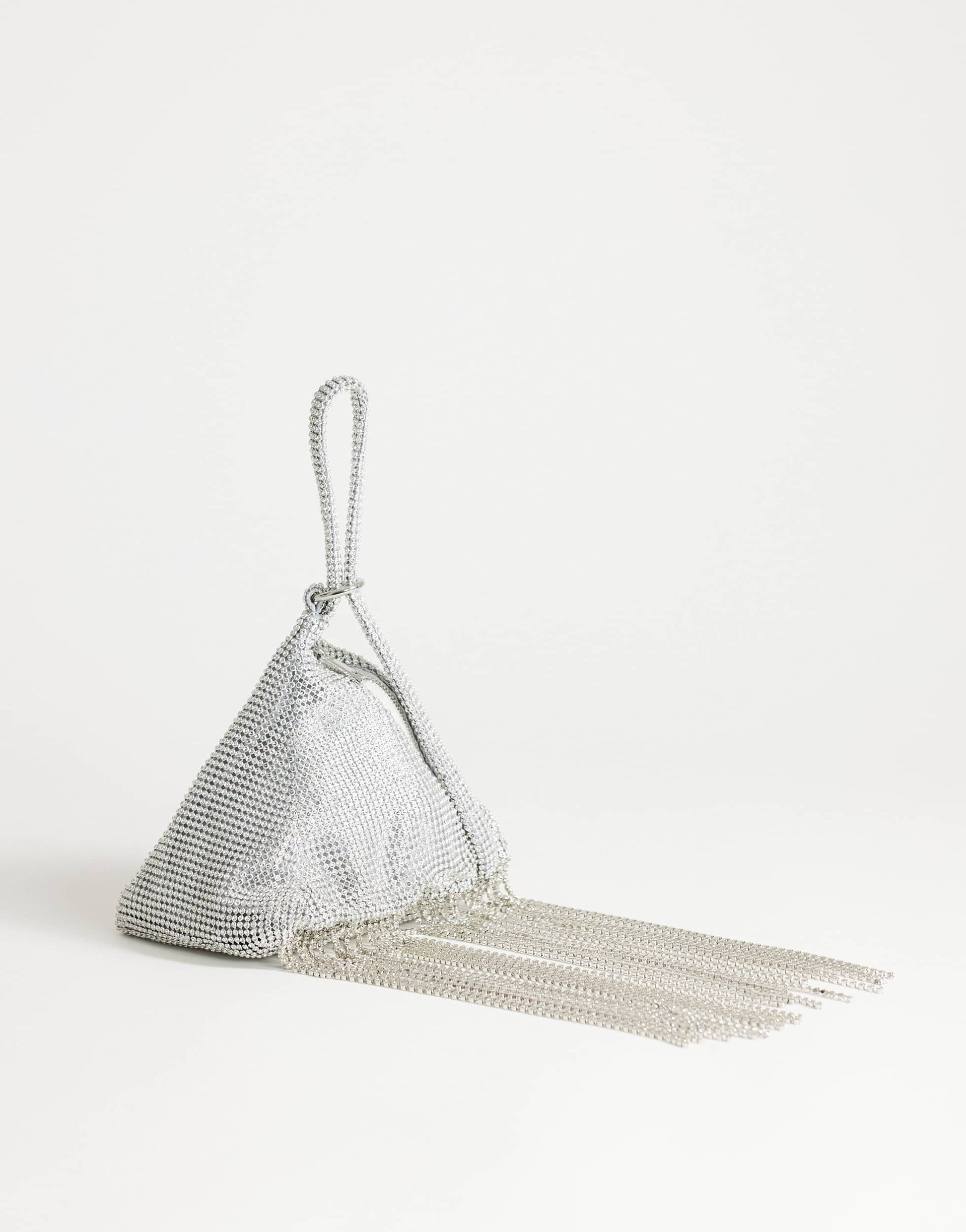 Topshop Matty small diamante triangle grab bag with tassels in silver