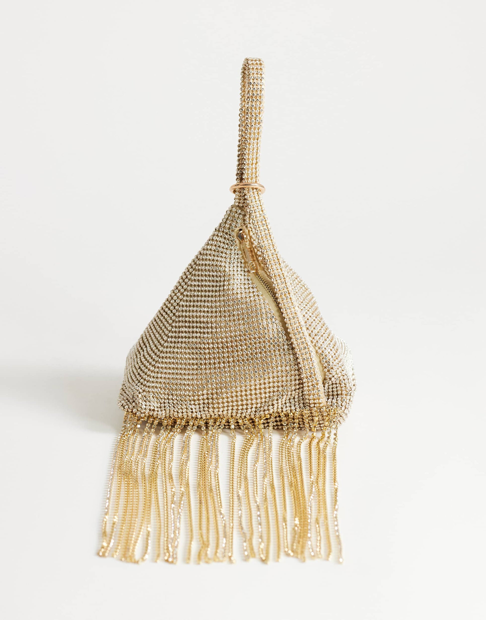 Topshop Matty small diamante triangle grab bag with tassels in gold