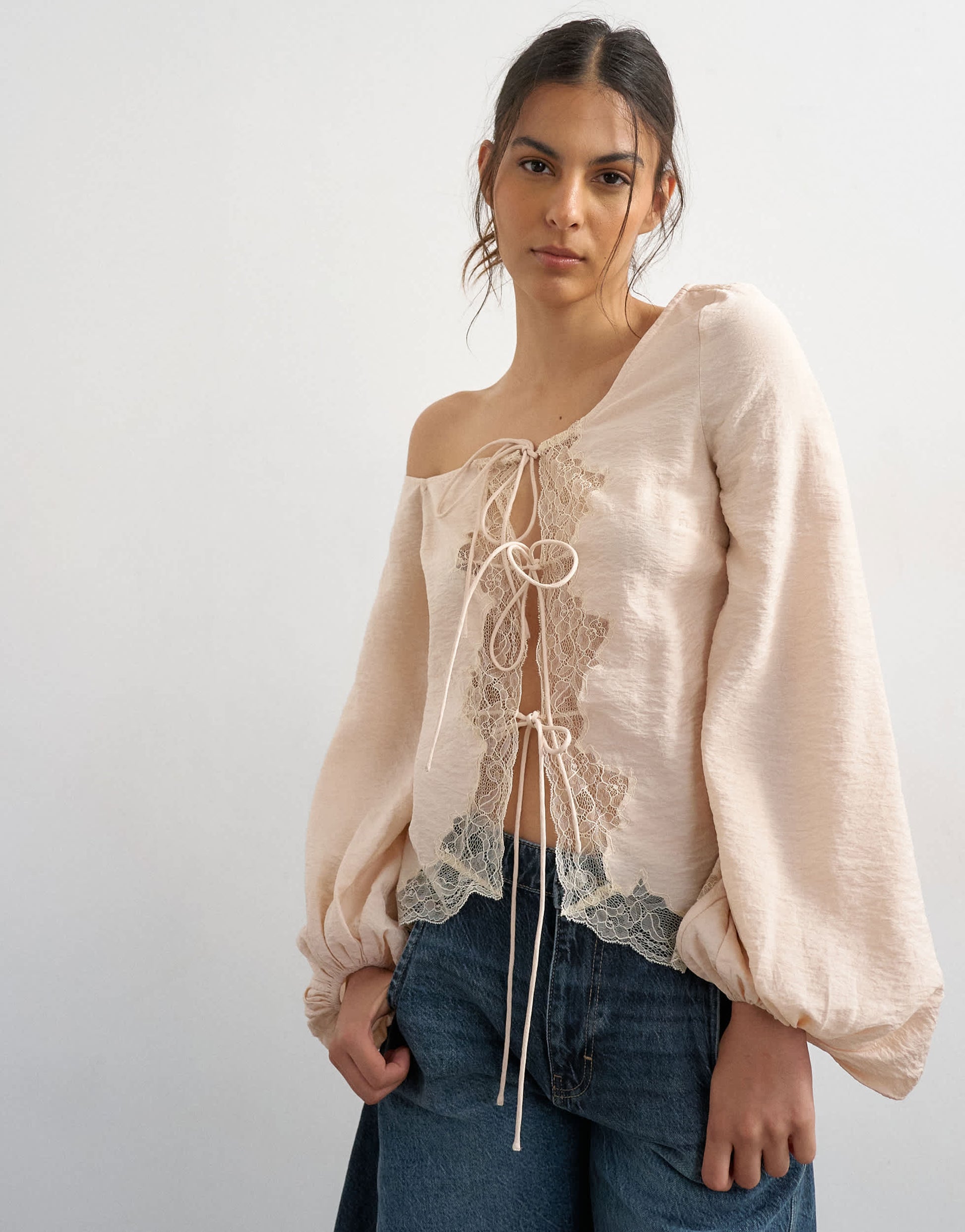 Topshop off shoulder tie detail lace trim blouse in ecru