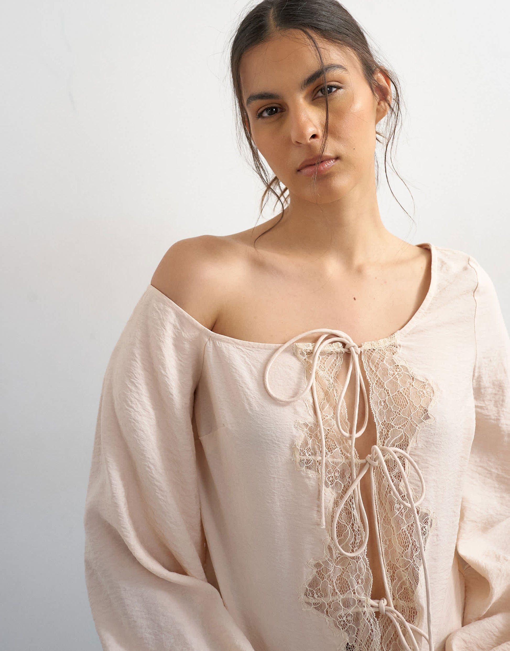Topshop off shoulder tie detail lace trim blouse in ecru