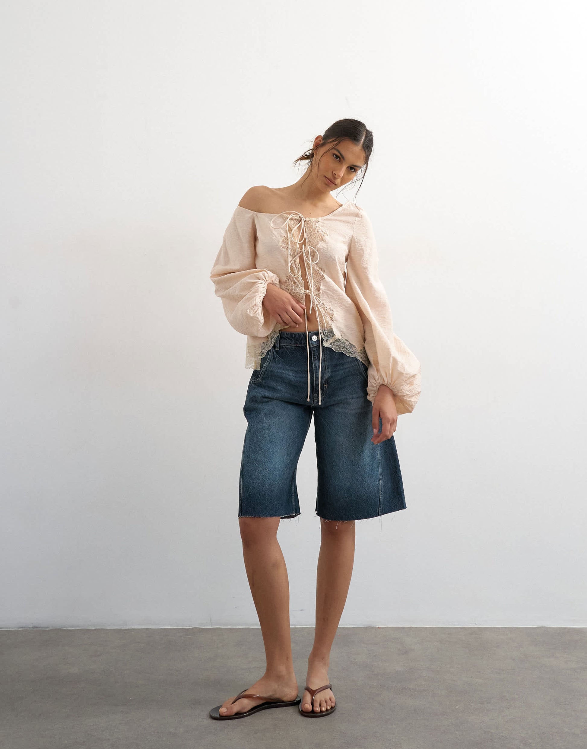 Topshop off shoulder tie detail lace trim blouse in ecru
