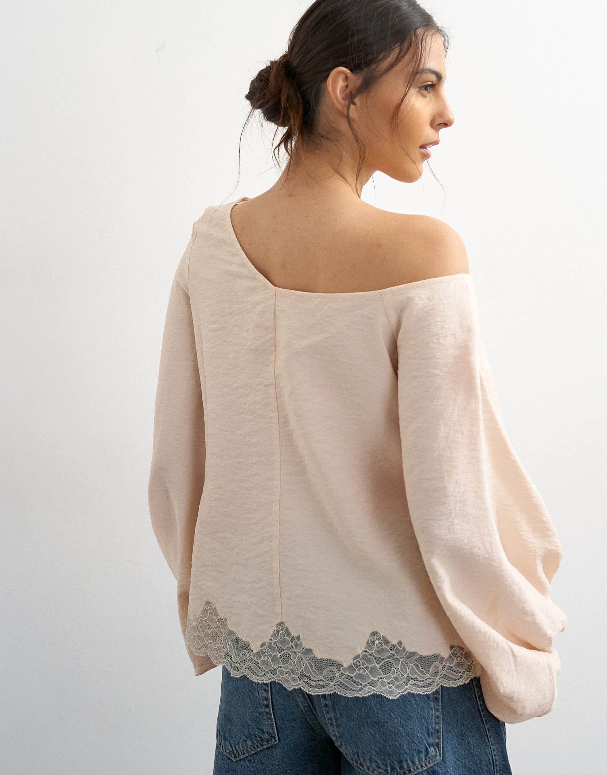 Topshop off shoulder tie detail lace trim blouse in ecru