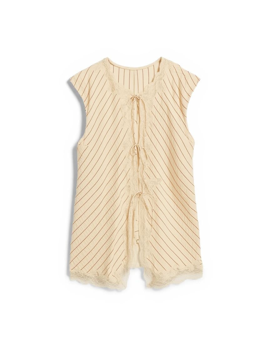 Topshop cap sleeve asymmetric tie front lace detail top in yellow stripe 