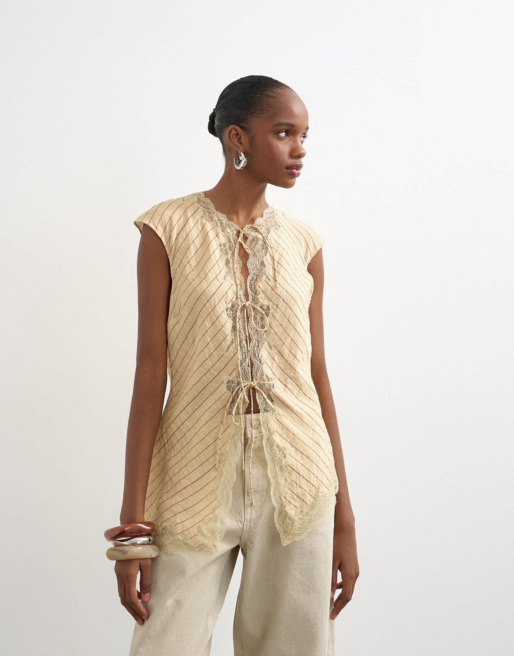 Topshop cap sleeve asymmetric tie front lace detail top in yellow stripe 