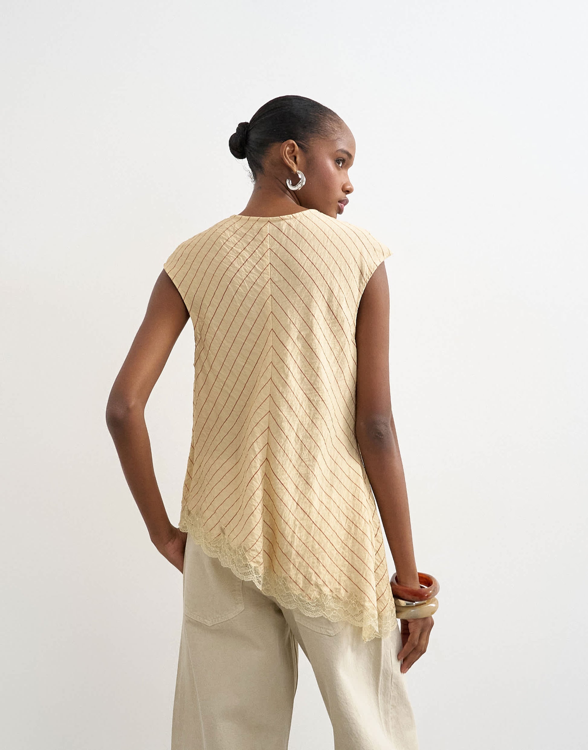 Topshop cap sleeve asymmetric tie front lace detail top in yellow stripe 