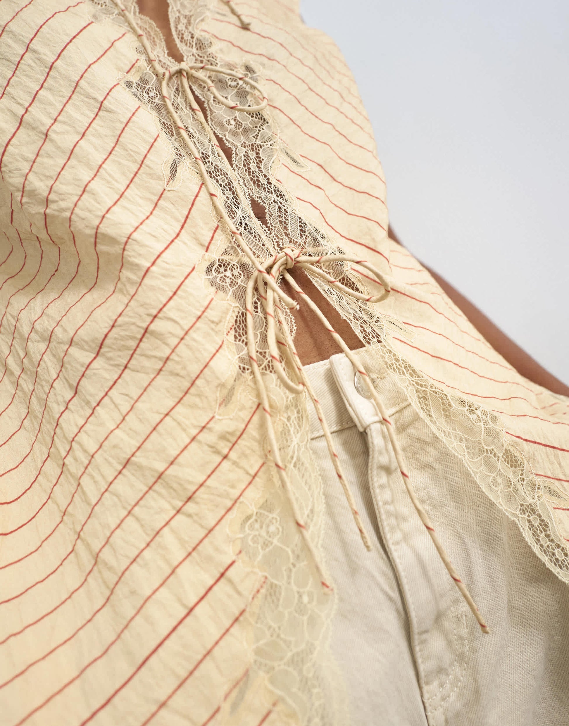 Topshop cap sleeve asymmetric tie front lace detail top in yellow stripe 