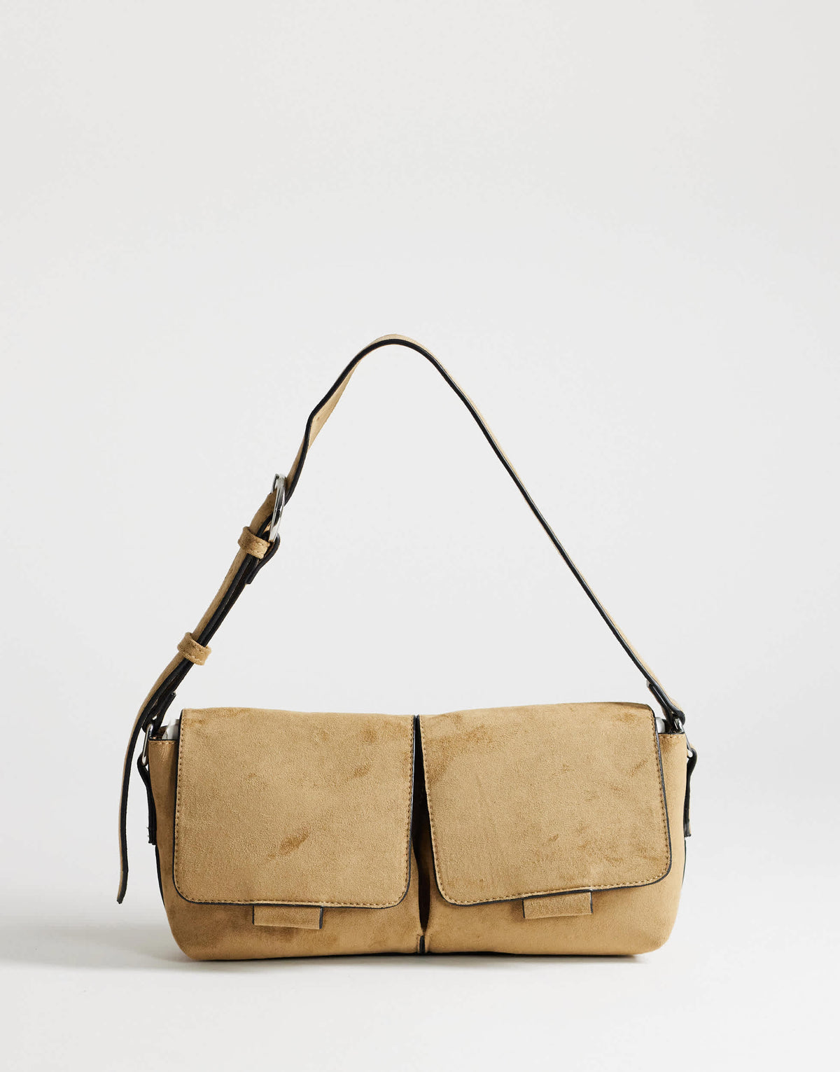 Topshop Joanie small suedette shoulder bag with front pockets in taupe